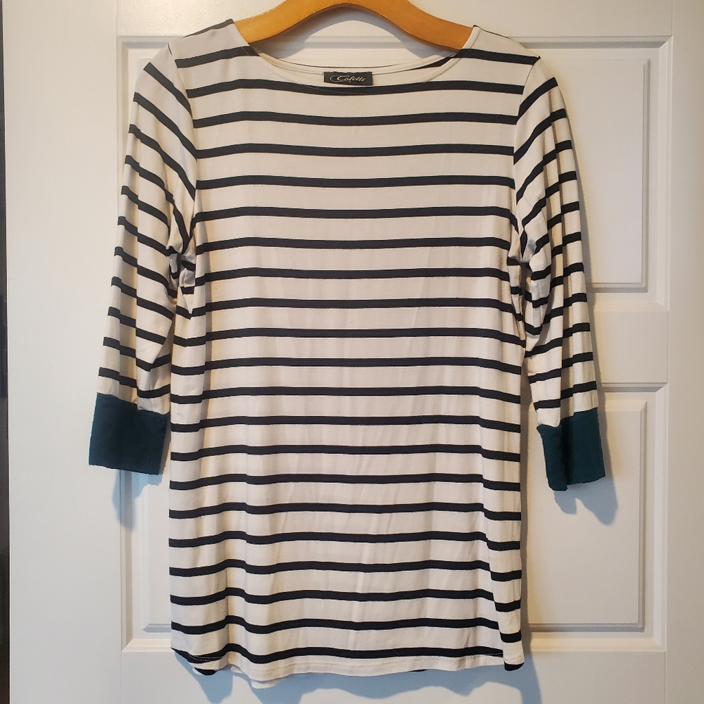 Small 3/4 Sleeve Black & White Striped Colette Top, with Green Sleeve Cuffs